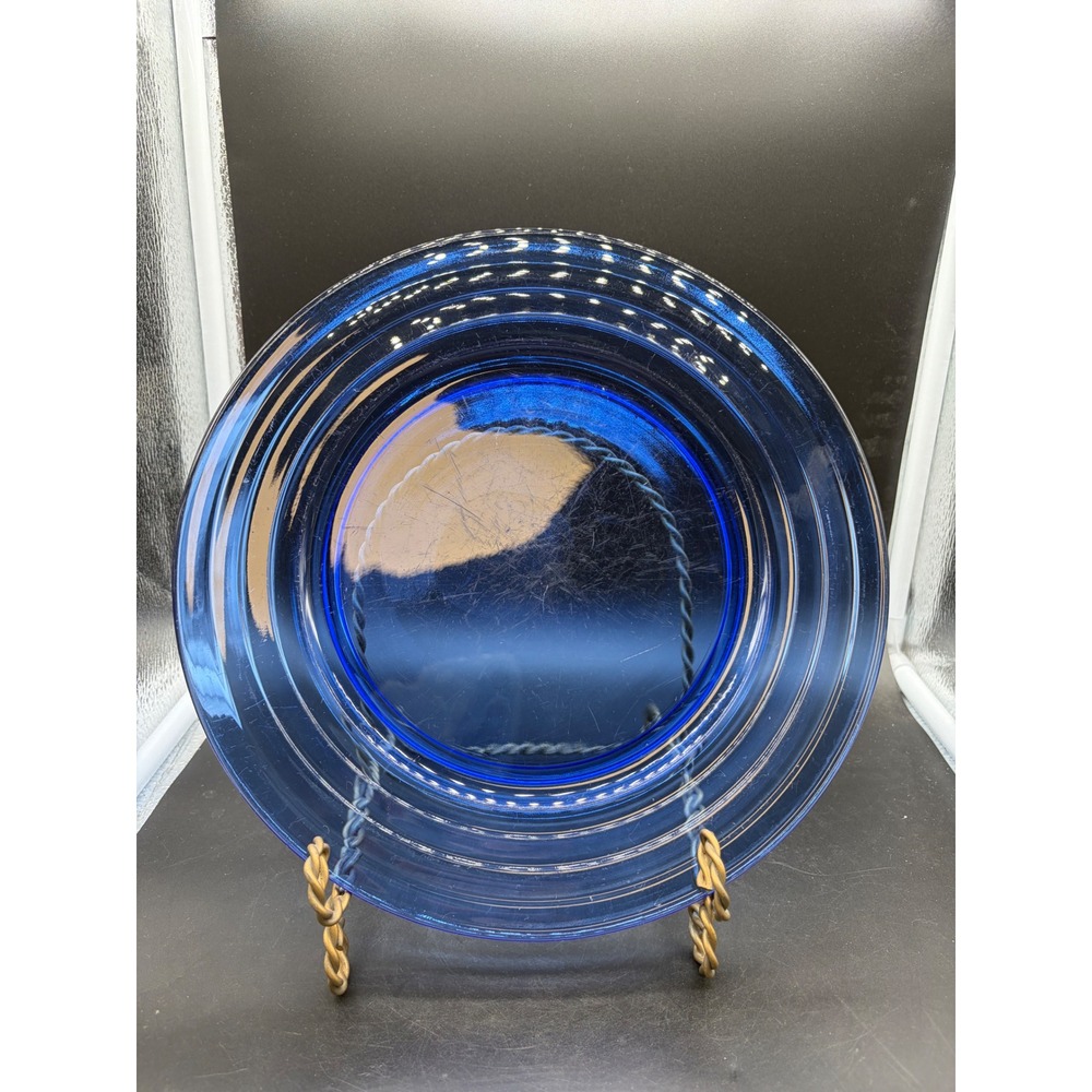 Vintage Cobalt Blue Glass Dinner Plate 10.75 Inch Concentric Ring Art Deco Style